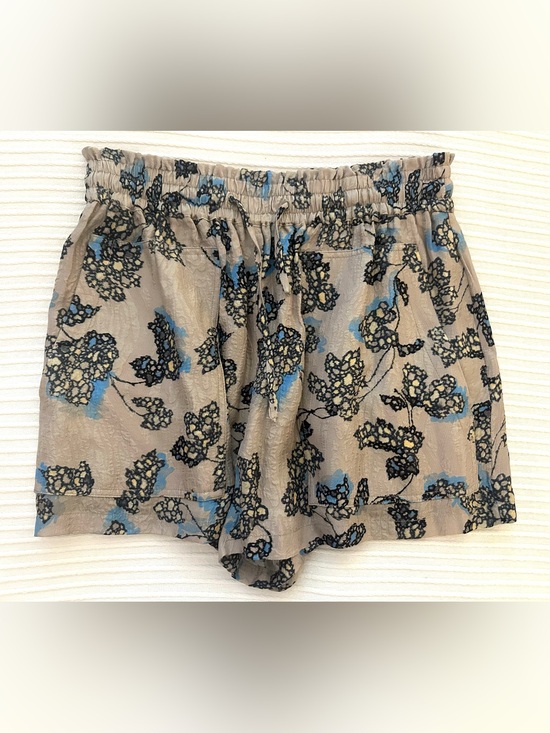 IRO Pants - IRO Taupe Floral Drawstring Silk Shorts with Blue & Black Print